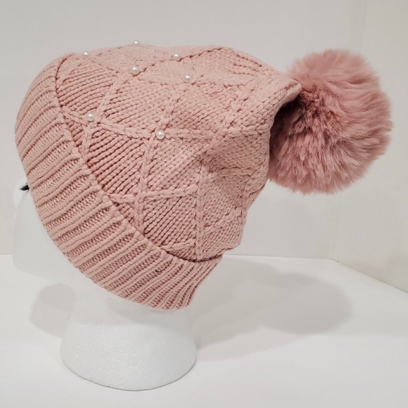 Inc Cable Knit Cap w/ Pink Pom Pom & Pearl Accents - Picture 3 of 6